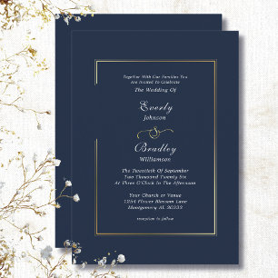 Convite Casamento Elegante de Fronteira Dourada de Azul-ma