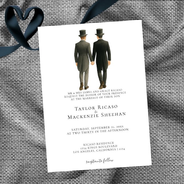 Convite Casamento Elegante de Gay dois alicerces da manhã (Elegant Gay Wedding Two Grooms in Morning Suits Invitation by Ricaso. Exclusive to Zazzle.)