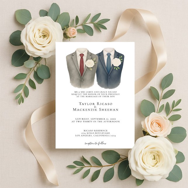 Convite Casamento Elegante de Gay Dois Nascentes em Traços (Elegant Gay Wedding Two Grooms in Suits Invitation by Ricaso. Stunning same sex wedding invite)