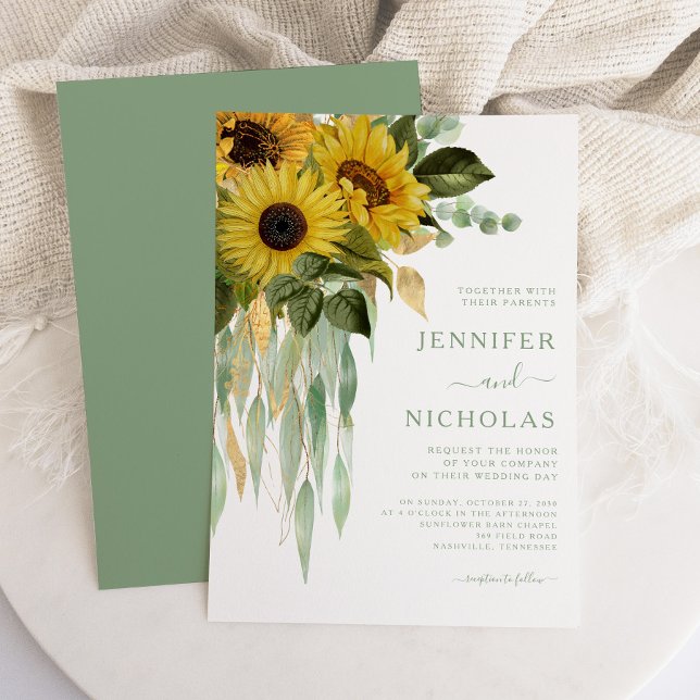 Convite Casamento Elegante de Girassóis Florais Verdes (Elegant Green Floral Sunflowers Wedding Invitation)