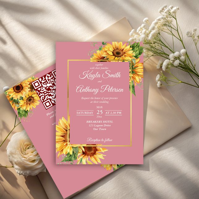 Convite Casamento elegante de girassol rosa-poeirento qr r (Dusty pink sunflower elegant wedding invitation cards with RSVP template instant download)