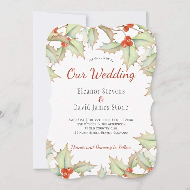 Convite Casamento elegante de inverno verde e vermelho de  (Frente)