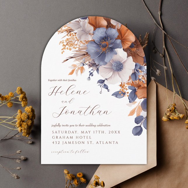 Convite Casamento Elegante de Jardim de Aquarela Azul Dust (Dusty Blue Rust Watercolor Garden Elegant Wedding Invitation)