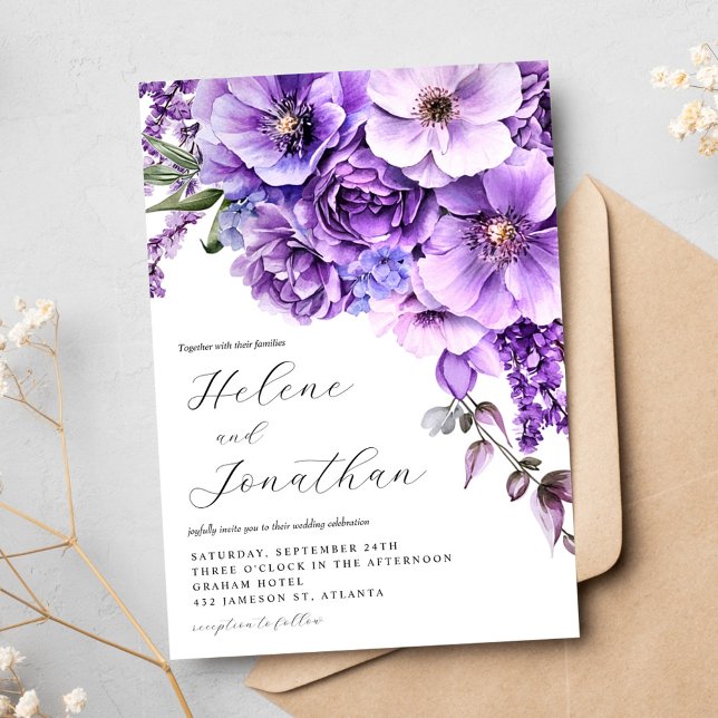 Convite Casamento Elegante de Jardim de Aquarela de Lavand (Purple Lavender Watercolor Garden Elegant Wedding Invitation)