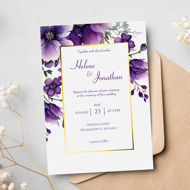 Convite Casamento Elegante De Jardim Floral De Molercola R (Purple Watercolor Floral Garden Elegant Wedding Invitation)