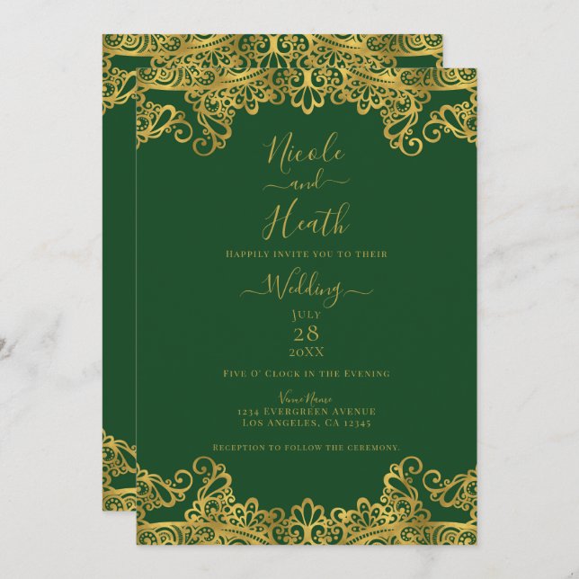 Convite Casamento Elegante de Lace Verde e Dourado Escuro (Frente/Verso)