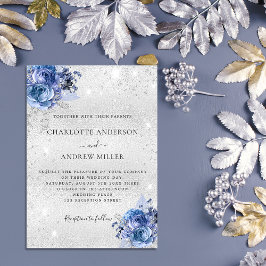 Convite Casamento elegante de luxo floral azul prateado