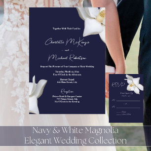 Convite Casamento Elegante de Magnólia Azul-Marinho e Bran