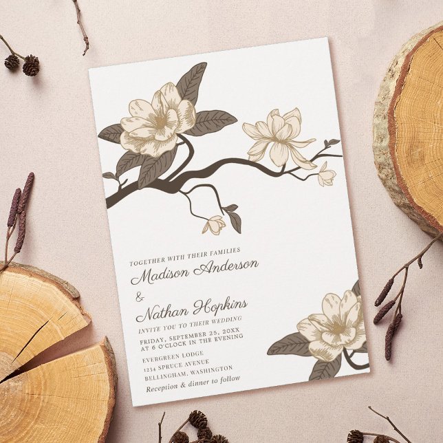 Convite Casamento Elegante de Magnolia Mínima (Criador carregado)