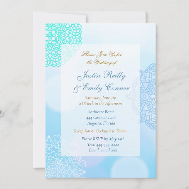 Convite Casamento elegante de Mandala Azul, Teal e Branco (Frente)