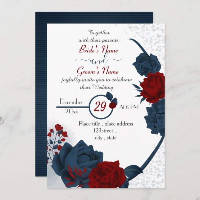 Convite casamento elegante de marinho azul e flores vermel (Frente/Verso)