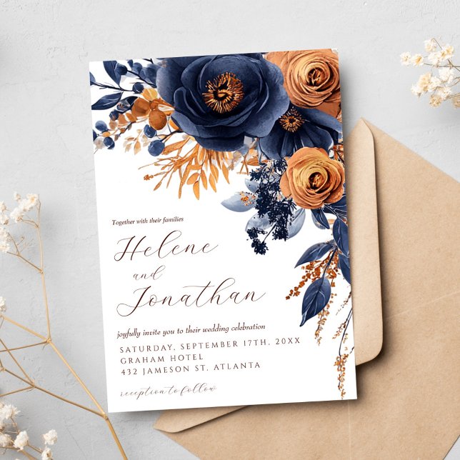 Convite Casamento Elegante De marinho Azul Terracotta Wate (Navy Blue Terracotta Watercolor Elegant Wedding Invitation)