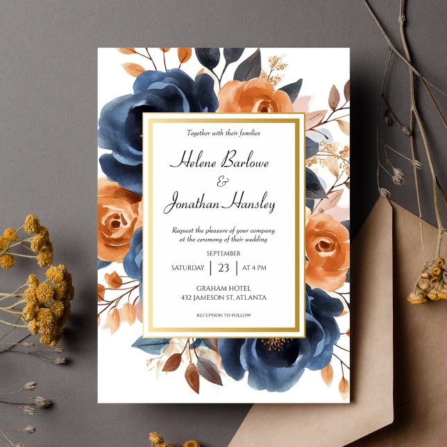 Convite Casamento Elegante De marinho Azul Terracotta Wate (Navy Blue Terracotta Watercolor Elegant Wedding Invitation)