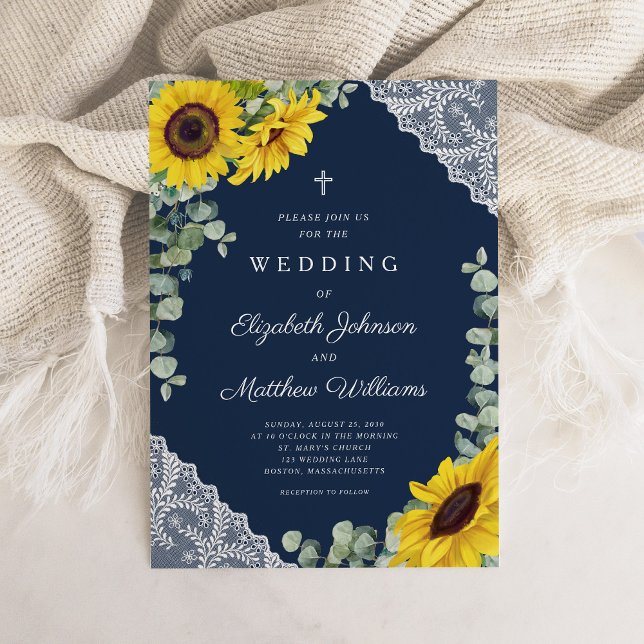 Convite Casamento Elegante de Marinho Religioso Blue Sunfl (Rustic Religious Navy Blue Sunflower Wedding Invitation)