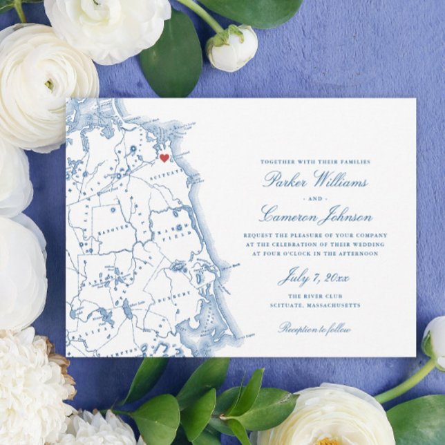 Convite Casamento Elegante de Marinhos do Mapa de Massachu (These Scituate Massachusetts wedding invitations are perfect for a South Shore destination wedding)