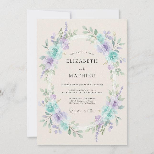 Convite Casamento Elegante de Menta e Lavanda na Primavera (Frente)
