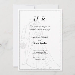 Convite Casamento Elegante de Monograma Branco Negro Cláss