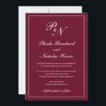 Convite Casamento Elegante de Monograma de Borgonha Formal<br><div class="desc">O convite de casamento clássico à burgundy, com um design simples e clássico, com o seu monograma inicial e os seus nomes num dentro de caligrafia elegante de uma fronteira fina. Todos os elementos de design podem ser alterados na ferramenta de edição de design. Estes convites de casamento elegantes são...</div>