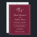 Convite Casamento Elegante de Monograma de Borgonha Formal<br><div class="desc">O convite de casamento clássico à burgundy, com um design simples e clássico, com o seu monograma inicial e os seus nomes num dentro de caligrafia elegante de uma fronteira fina. Todos os elementos de design podem ser alterados na ferramenta de edição de design. Estes convites de casamento elegantes são...</div>