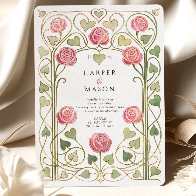 Convite Casamento Elegante de Nouveau Rosa Rosa Rosa Rosa (Criador carregado)