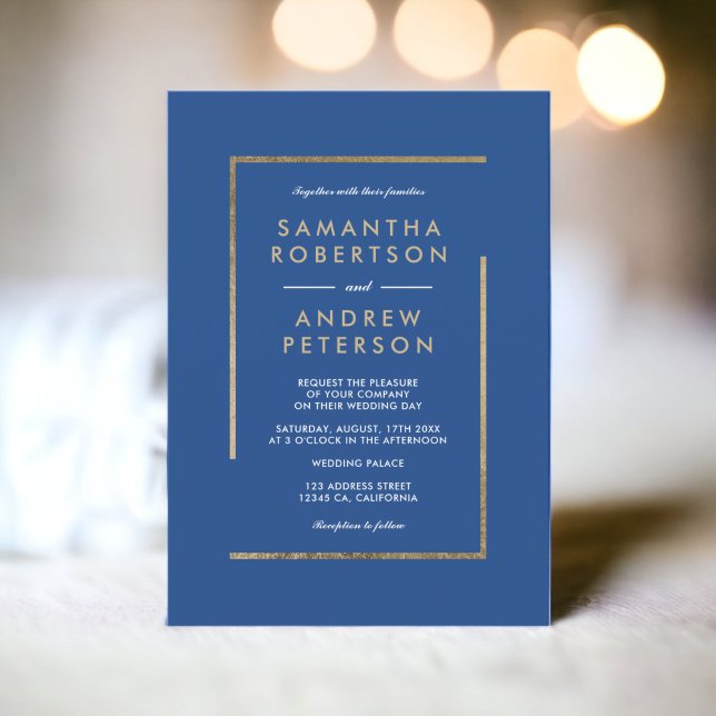 Convite Casamento elegante de ouro branco azul minimalista (Minimalist blue white gold chic elegant wedding invitation)