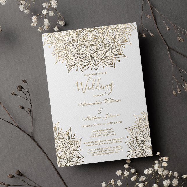 Convite Casamento elegante de ouro branco-quic (Elegant white chic gold floral mandala Wedding )