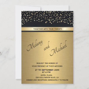 Convite Casamento elegante de ouro chico/confete preto