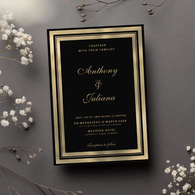 Convite Casamento elegante de ouro negro de luxo (Luxury black gold geometric frame elegant Wedding )
