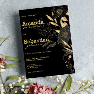 Convite Casamento elegante de ouro negro floral de luxo