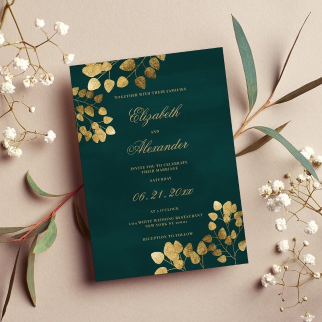 Convite Casamento elegante de ouro verde-escuro eucalipto (Elegant classic dark green gold eucalyptus wedding invitation )