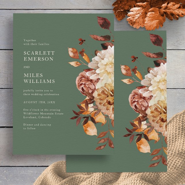 Convite Casamento Elegante de Outono com Sage (Elegant Sage Green Fall Floral Wedding Invitation by Painted Paperie
)
