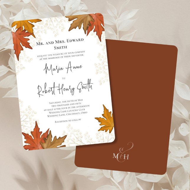 Convite Casamento Elegante de Outono de Aquarela (Fall wedding watercolor leaves custom invitation. )