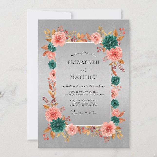 Convite Casamento Elegante de Outono em Tons de Teal Prate (Frente)