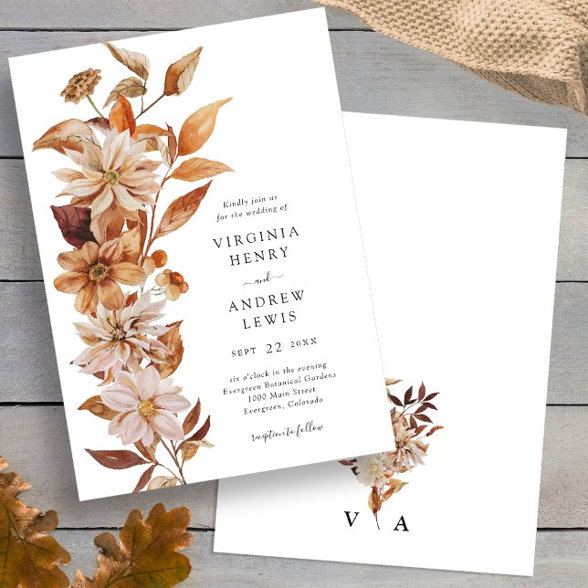 Convite Casamento Elegante de Outono Moderno (Elegant Modern Fall Floral Wedding Invitation back Monogrammed by Painted Paperie
)
