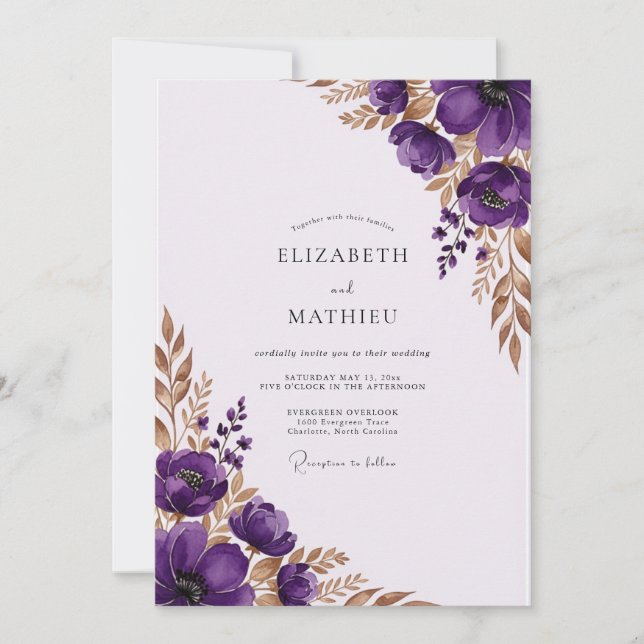 Convite Casamento Elegante de Outono Roxo (Frente)