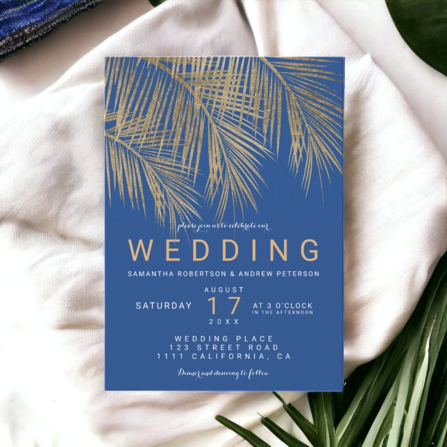 Convite Casamento elegante de palmeira de ouro azul modern (Modern blue gold palm tree elegant wedding invitation)
