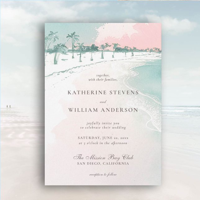 Convite Casamento Elegante de Palmeiras de Ocean Beach Tre (beach wedding invitation dreamy watercolor waves palm trees ocean formal traditional modern classic)