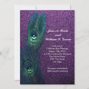 Convite Casamento Elegante de Pavão Azul Verde Roxo