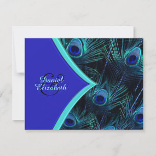 Convite Casamento Elegante de Pavão em Azul Turquesa e Azu