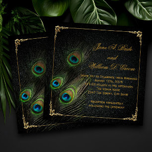 Convite Casamento Elegante de Pavão Preto e Dourado