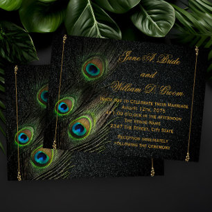 Convite Casamento Elegante de Pavão Preto e Dourado