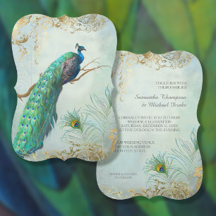 Convite Casamento Elegante de Penas Pêacock Folha Dourada