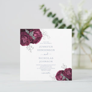 Convite Casamento Elegante de Peões Azuis Borgonha Floral
