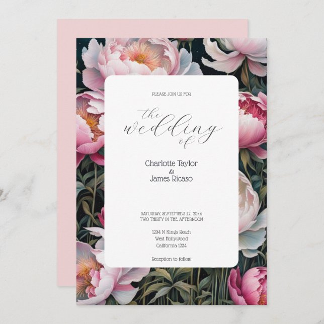 Convite Casamento elegante de peões brancos e cor-de-rosa (Frente/Verso)