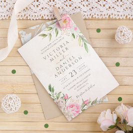 Convite Casamento Elegante De Peões Florais De Cor D'Água 