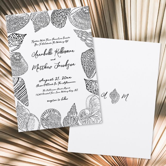 Convite Casamento Elegante de Praia com Conchas Vintage (Elegant Vintage Seashell Beach Wedding Invitation )