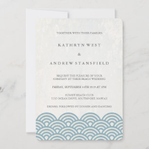 Convite Casamento Elegante de Praia de Ondas Estriadas Azu