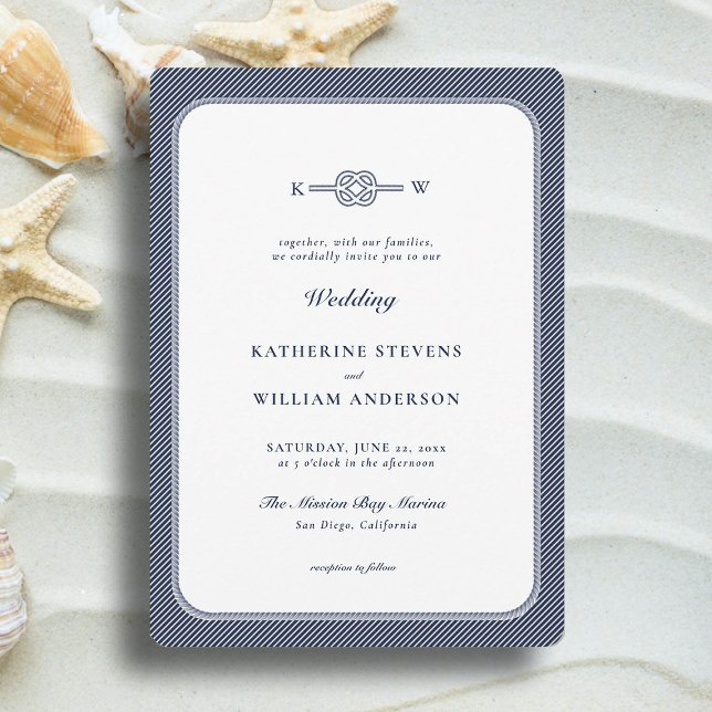 Convite Casamento Elegante de Praia do Marinho Náutico Kno (simple beach wedding invitation nautical rope infinity knot navy blue modern classic minimalist)