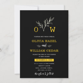 Convite Casamento Elegante de Preto Botânico e Monograma D