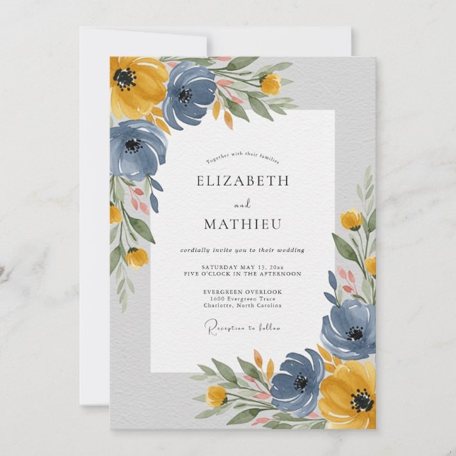 Convite Casamento Elegante de Primavera Azul Centáurea (Frente)